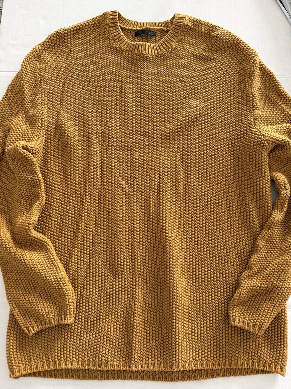 Zara Mems Mustard Gold Textured Knit Crewneck Sweater Size Small